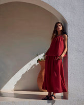 Gonna lunga rosso scuro con elastico in vita