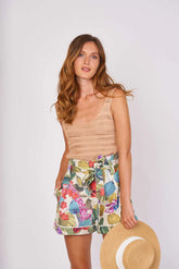 Shorts ZAMORA a vita alta in cotone e lino stampato