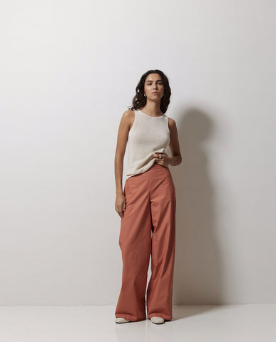 Pantaloni a gamba larga in popeline terracotta