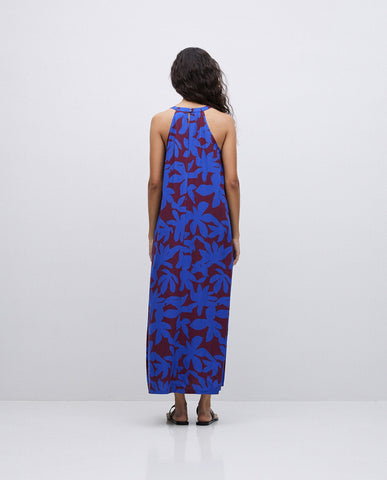 Abito lungo blu con scollo all'americana