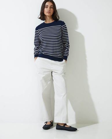 Maglione in cotone biologico a righe blu navy