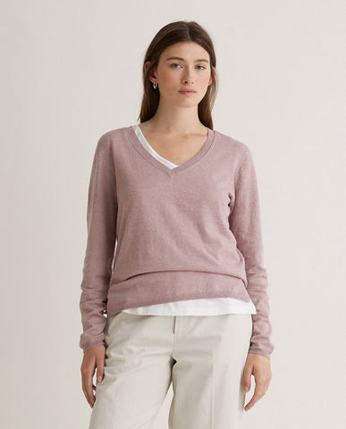 Maglione con scollo a V in cotone biologico color malva