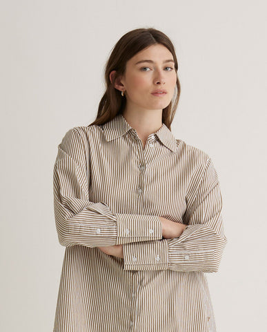 Camicia in popeline di cotone biologico a righe color cammello