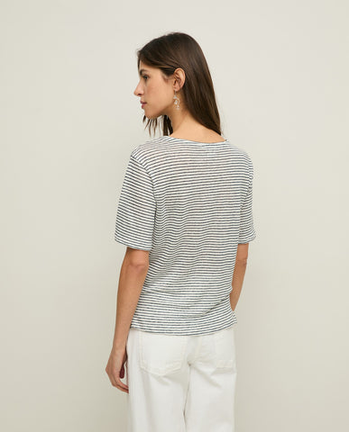 T-shirt a righe in lino a maniche corte