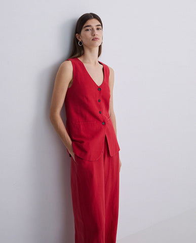Pantaloni a gamba larga in misto lino rosso